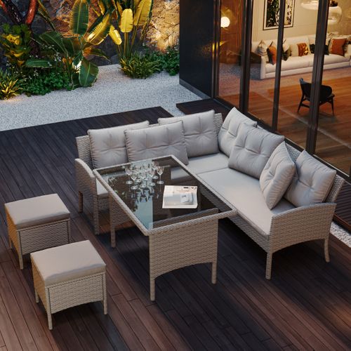 Salon De Jardin 7 Places, Table Repas Avec Plateau Verre, 2 Poufs, Pe Rotin Acier, Couleur Kaki