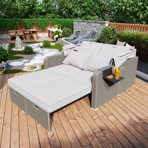 Canapé De Jardin 2 Places, Convertible En Bain De Soleil, Auvent Amovible, Polyrotin, Kaki