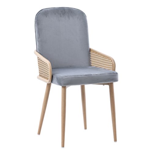 Lot De 6 Chaise 45x43x90 Cm, Design Rotin Synthétique, Velours, Pieds Métal Effet Bois, Gris+brun