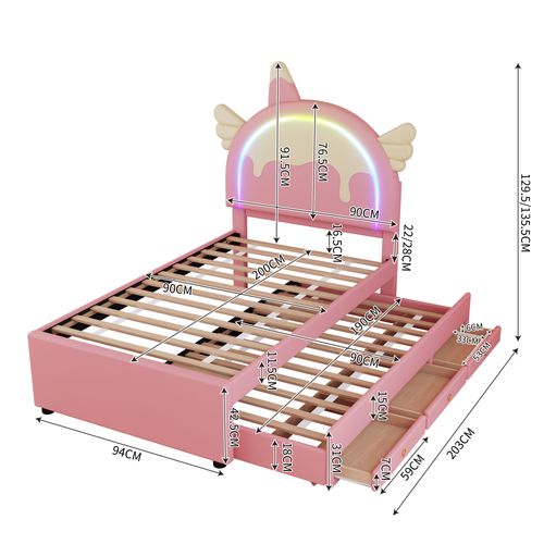 Lit Enfant 90x200 Cm, Lit Gigogne 90x190 Cm, LED, Tête De Lit Réglable, 3 Tiroirs, Pu Et Mdf, Rose