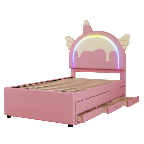 Lit Enfant 90x200 Cm, Lit Gigogne 90x190 Cm, LED, Tête De Lit Réglable, 3 Tiroirs, Pu Et Mdf, Rose