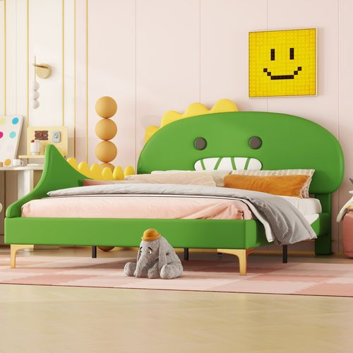 Lit Enfant 140x200 Cm, Tête De Lit Dinosaure Dessin Animé, Pu Et Mdf, Couleur Vert+doré