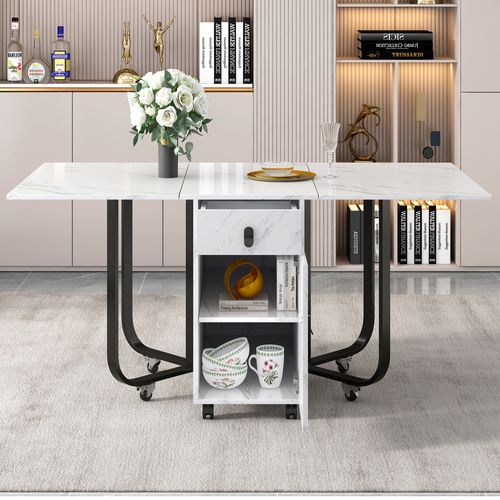 Table Pliante 150x80x76 Cm, 2 Tiroirs, 2 Portes, Plateau En Mdf, Motif De Marbre En Mdf, Blanc+noir