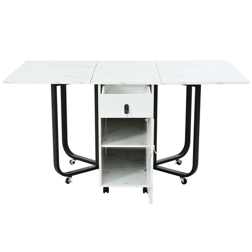 Table Pliante 150x80x76 Cm, 2 Tiroirs, 2 Portes, Plateau En Mdf, Motif De Marbre En Mdf, Blanc+noir