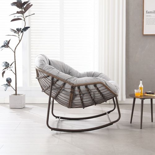 Fauteuil à Bascule 111x94.5x80 Cm, Siège Large, Coussin 15 Cm, Acier Et Rotin, Gris Clair