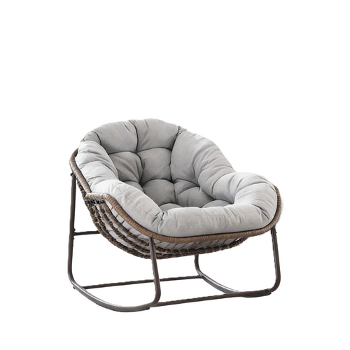 Fauteuil à Bascule 111x94.5x80 Cm, Siège Large, Coussin 15 Cm, Acier Et Rotin, Gris Clair