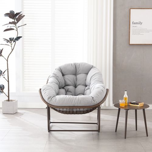 Fauteuil à Bascule 111x94.5x80 Cm, Siège Large, Coussin 15 Cm, Acier Et Rotin, Gris Clair