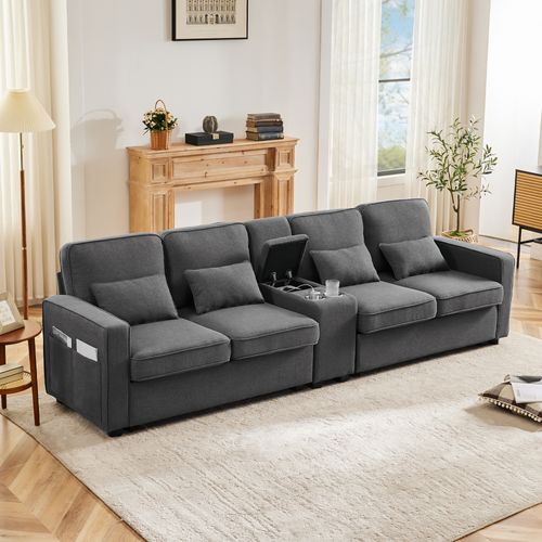 Canapé 290x83x88 Cm, Ports USB Intégrés, Rangements Multifonctions, Tissu Lin Résistant, Gris Foncé