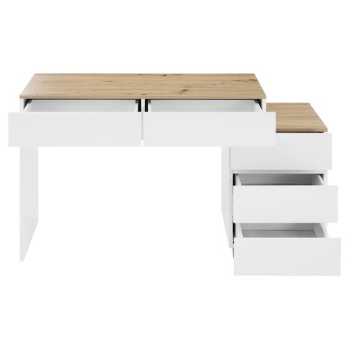 Coiffeuse 125x38.9x76 Cm, 5 Tiroirs, Rangement Spacieux, Panneau De Particules E1, Blanc+bois