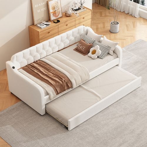 Lit Gigogne 90x200+90x190 Cm, 2 Couchages, Port USB, Lin Et Mdf, Beige