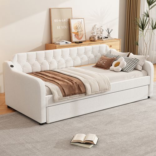 Lit Gigogne 90x200+90x190 Cm, 2 Couchages, Port USB, Lin Et Mdf, Beige