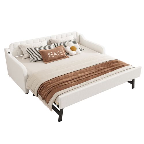Lit Gigogne 90x200+90x190 Cm, 2 Couchages, Port USB, Lin Et Mdf, Beige