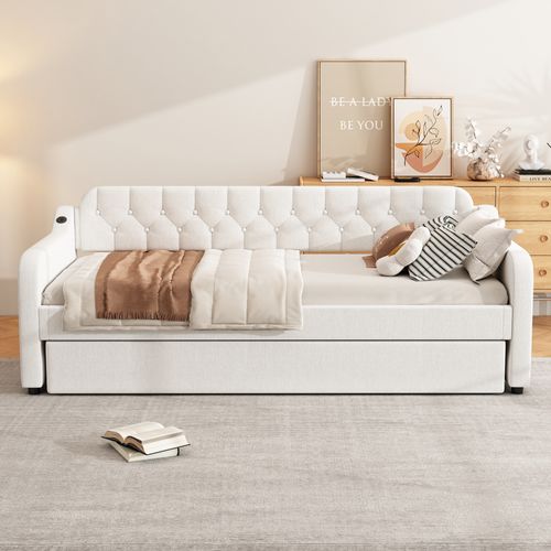 Lit Gigogne 90x200+90x190 Cm, 2 Couchages, Port USB, Lin Et Mdf, Beige