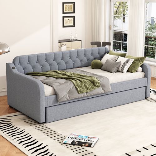 Lit Gigogne 90x200+90x190 Cm,  2 Couchages, Port USB, Lin Et Mdf, Gris