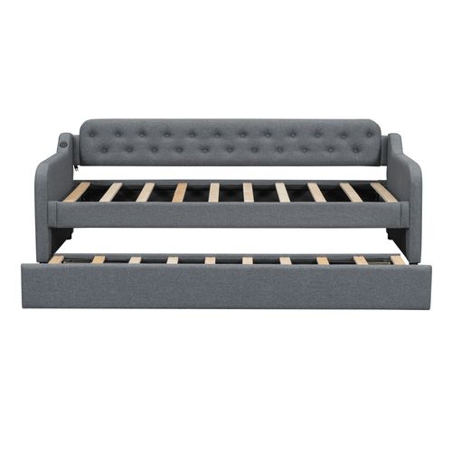 Lit Gigogne 90x200+90x190 Cm,  2 Couchages, Port USB, Lin Et Mdf, Gris