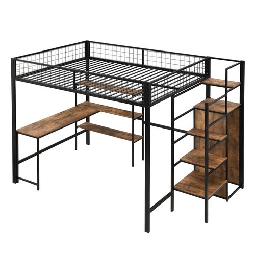 Lit Mezzanine 140x200 Cm, Bureau, Escalier De Rangements, Barrières, Métal Et Mdf, Noir Et Brun