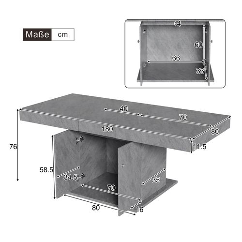 Table Extensible 140/180x80x76 Cm, Extension Automatique, Rangement, Panneau De Particules, Gris