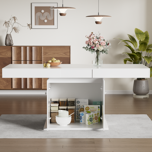 Table Extensible 140/180x80x76 Cm, Rallonge, 2 Portes, Panneaux De Particules, Métal, Blanc