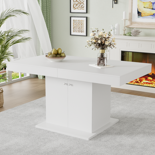 Table Extensible 140/180x80x76 Cm, Rallonge, 2 Portes, Panneaux De Particules, Métal, Blanc