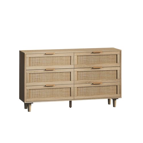 Buffet Bas 130x40x75 Cm, 6 Tiroirs En Rotin, Rangement, Panneau De Particules, Couleur Bois