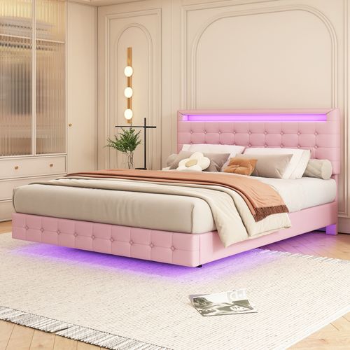 Lit Adulte 140x200 Cm, LED Ambiance, Tête De Lit Réglable, Design Flottant, Pu Et Mdf, Rose