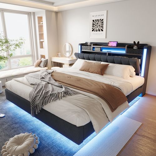 Lit Double 160x200 Cm, Lit Adulte, Niche, 2 Compartiments, LED, Port USB, Rangement, Lin Gris