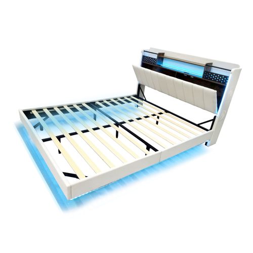 Lit Double 140x200 Cm, Lit Adulte, Prise USB, Tête De Lit Avec Rangement Et LED, Lin Beige