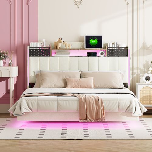 Lit Double 140x200 Cm, Lit Adulte, Prise USB, Tête De Lit Avec Rangement Et LED, Lin Beige