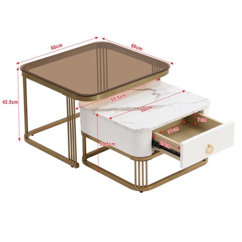 Lot De 2 Tables Basses Gigogne 60x60x42.5+50x50x33.5 Cm, Tiroir, Motif De Marbre, Mdf, Blanc+doré