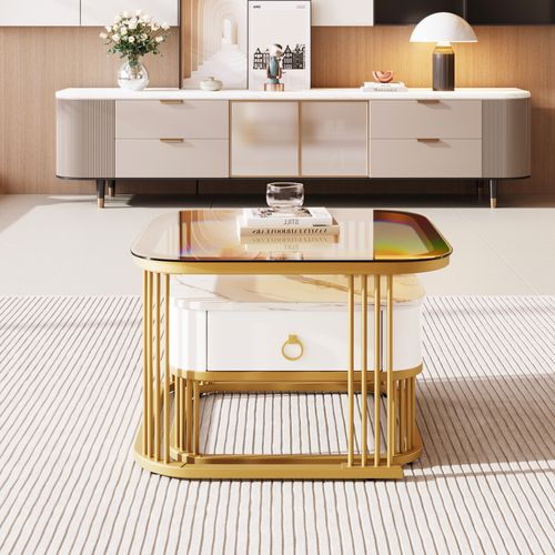 Lot De 2 Tables Basses Gigogne 60x60x42.5+50x50x33.5 Cm, Tiroir, Motif De Marbre, Mdf, Blanc+doré