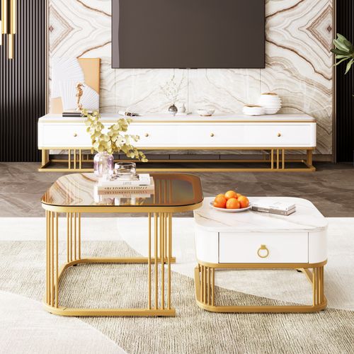 Lot De 2 Tables Basses Gigogne 60x60x42.5+50x50x33.5 Cm, Tiroir, Motif De Marbre, Mdf, Blanc+doré