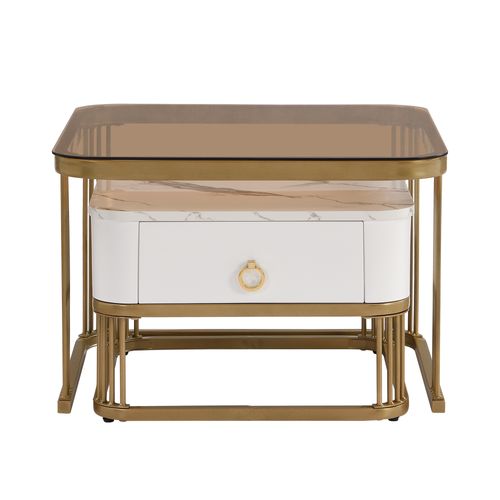 Lot De 2 Tables Basses Gigogne 60x60x42.5+50x50x33.5 Cm, Tiroir, Motif De Marbre, Mdf, Blanc+doré
