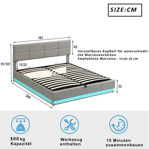 Lit Coffre Double 180x200 Cm Avec LED, Lit Adulte, Tête De Lit Réglable, Simili Gris Ciment