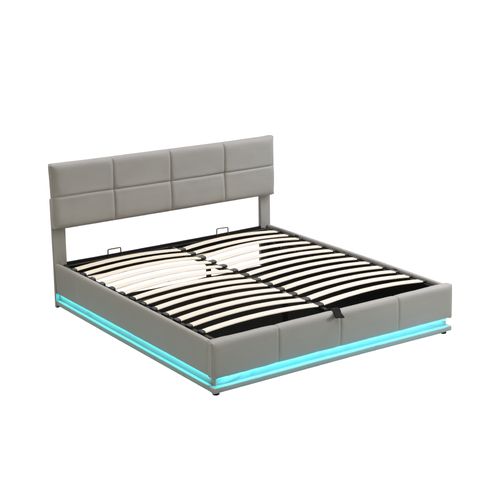 Lit Coffre Double 180x200 Cm Avec LED, Lit Adulte, Tête De Lit Réglable, Simili Gris Ciment