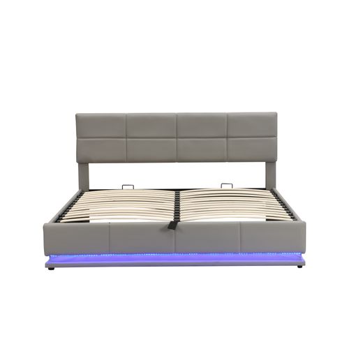 Lit Coffre Double 180x200 Cm Avec LED, Lit Adulte, Tête De Lit Réglable, Simili Gris Ciment