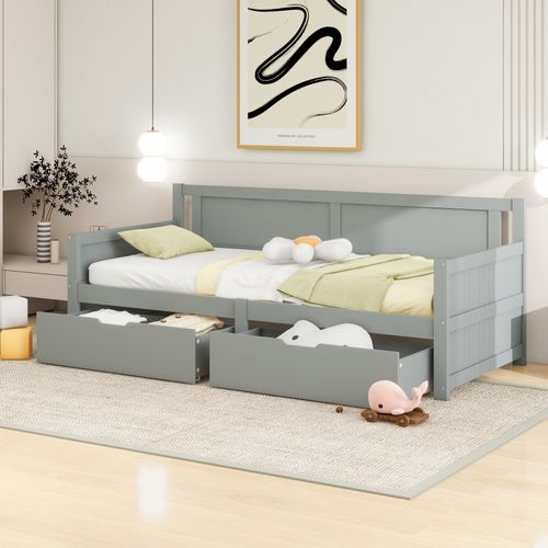 Lit Simple 90x200 Cm, Convertible Avec 2 Tiroirs, Bois, Couleur Gris, Design Compact Pour Enfants
