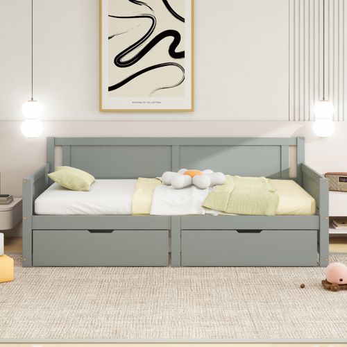 Lit Simple 90x200 Cm, Convertible Avec 2 Tiroirs, Bois, Couleur Gris, Design Compact Pour Enfants