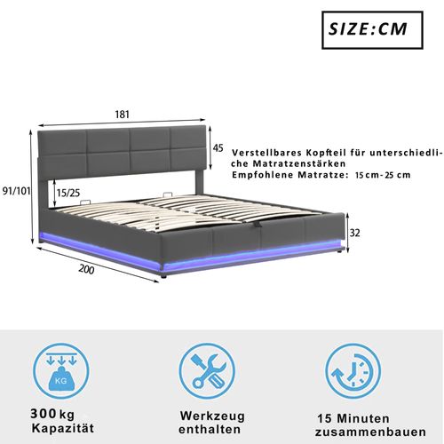 Lit Coffre Double 180x200 Cm Avec LED, Lit Adulte Moderne, Tête De Lit Réglable, Simili Gris