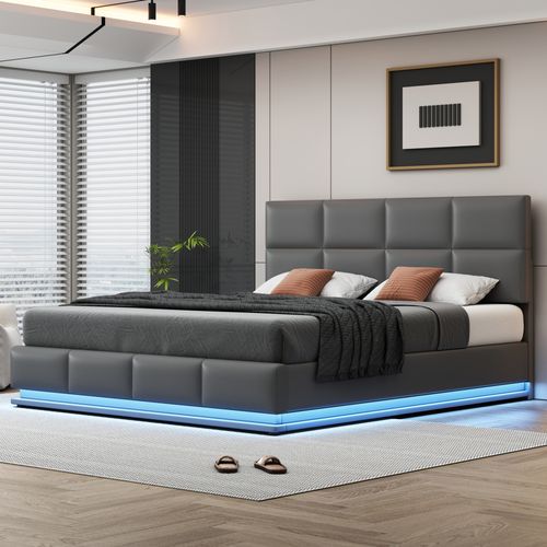 Lit Coffre Double 180x200 Cm Avec LED, Lit Adulte Moderne, Tête De Lit Réglable, Simili Gris