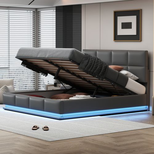 Lit Coffre Double 180x200 Cm Avec LED, Lit Adulte Moderne, Tête De Lit Réglable, Simili Gris