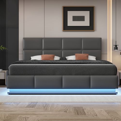 Lit Coffre Double 180x200 Cm Avec LED, Lit Adulte Moderne, Tête De Lit Réglable, Simili Gris