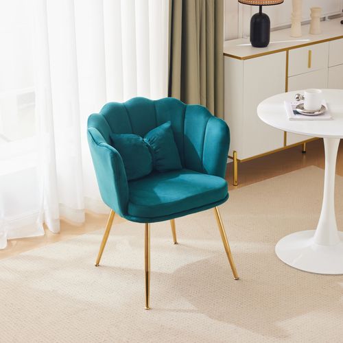 Fauteuil Salon, Assise Rembourrée, Velours, Pieds Métal Doré, Couleur Vert, Charge 150 Kg