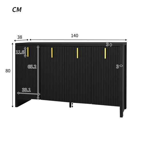 Buffet Moderne 140x38x80 Cm, 4 Portes Et 4 Niches, Poignées Dorées, Panneaux De Particules, Noir