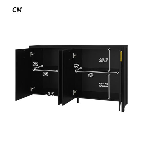 Buffet Moderne 140x38x80 Cm, 4 Portes Et 4 Niches, Poignées Dorées, Panneaux De Particules, Noir