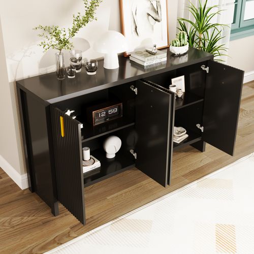 Buffet Moderne 140x38x80 Cm, 4 Portes Et 4 Niches, Poignées Dorées, Panneaux De Particules, Noir