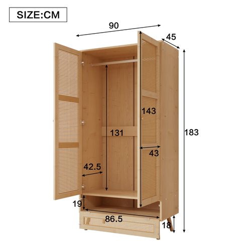 Armoire 90x45x183 Cm, 3 Portes, Tringle, Panneaux De Particules, Pe Rotin, Couleur Bois