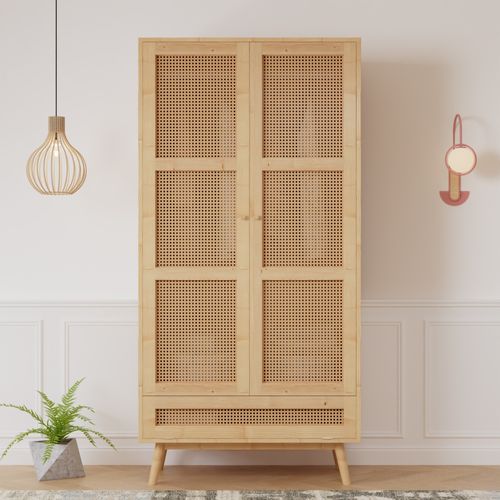 Armoire 90x45x183 Cm, 3 Portes, Tringle, Panneaux De Particules, Pe Rotin, Couleur Bois