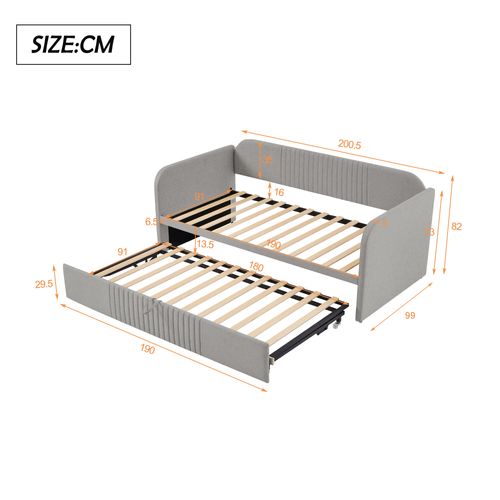 Lit Gigogne 90/180x190 Cm, Convertible Hydraulique, Structure Métal, Tissu Lin Respirant, Gris