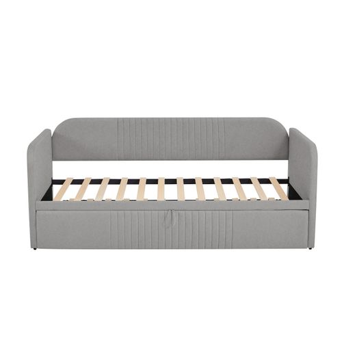 Lit Gigogne 90/180x190 Cm, Convertible Hydraulique, Structure Métal, Tissu Lin Respirant, Gris