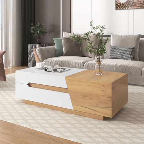 Table Basse 120x50x37,5 Cm, Avec Mécanisme Coulissant Et Tiroirs, Mdf, Blanc Et Bois Naturel